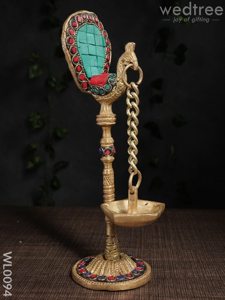 Brass Peacock Stand With Diya Green