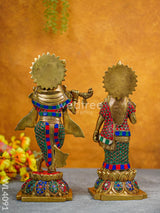 Brass Radha-Krishna Idol With Multicolour Stone Work - Wl4091 Figurines