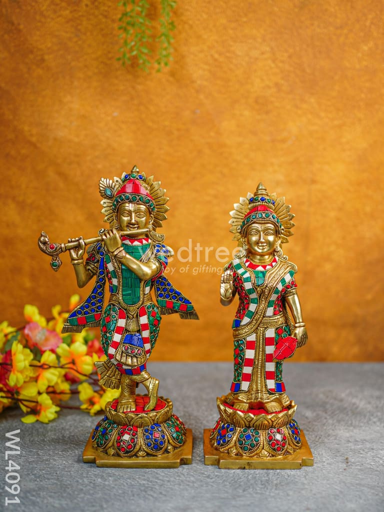 Brass Radha-Krishna Idol With Multicolour Stone Work - Wl4091 Figurines