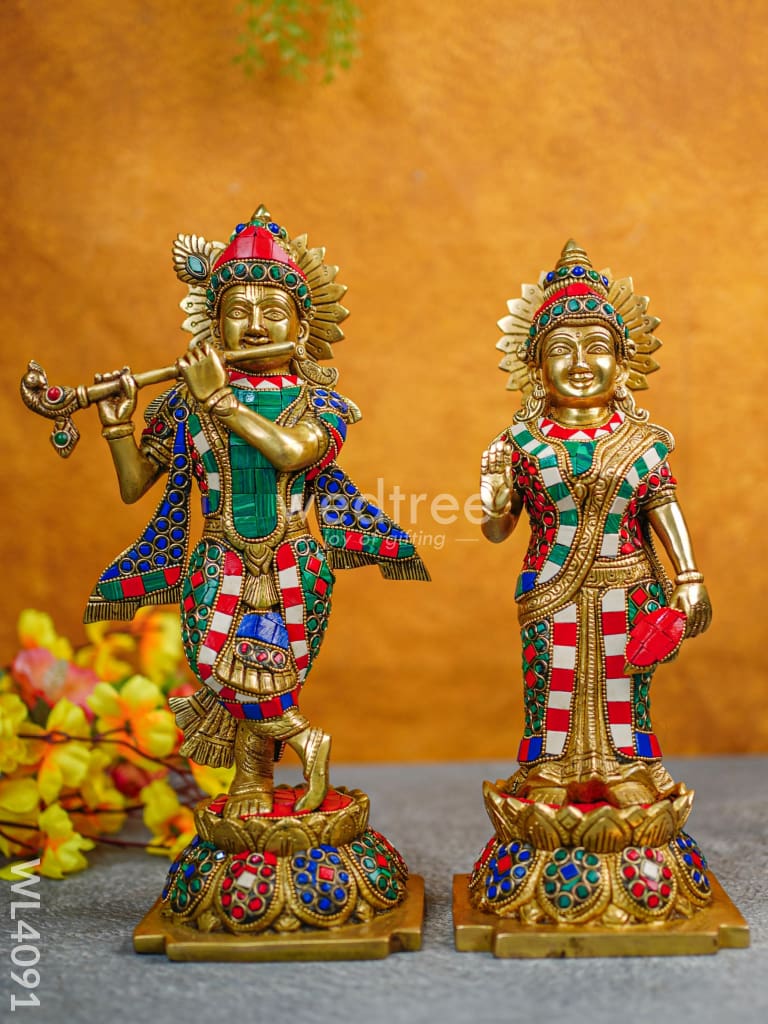 Brass Radha-Krishna Idol With Multicolour Stone Work - Wl4091 Figurines