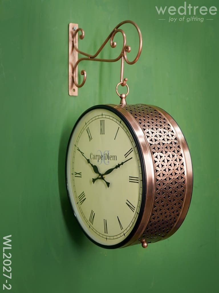 Railway Clock - 12 Inches Wl2027 Floral Jalli Pattern Copper Finish Wl2027-2 Wall Clocks