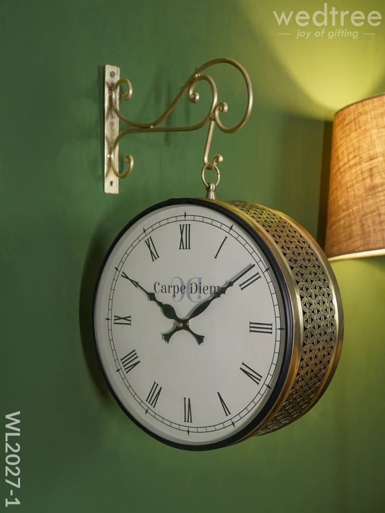 Railway Clock - 12 Inches Wl2027 Floral Jalli Pattern Brass Finish Wl2027-1 Wall Clocks