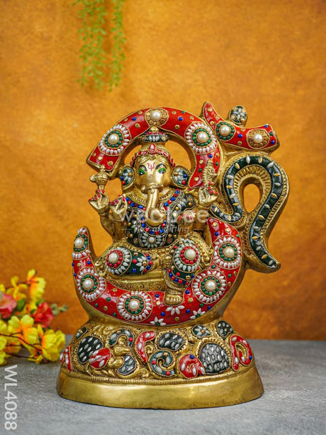 Brass Seated Ganesha Idol With Multicolour Stone Work - Wl4088 Figurines