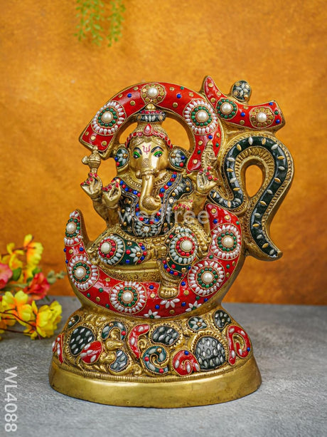 Brass Seated Ganesha Idol With Multicolour Stone Work - Wl4088 Figurines