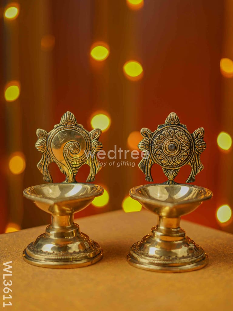 Brass Shanku Chakra Diya With Stand - Set Of 2 Wl3611