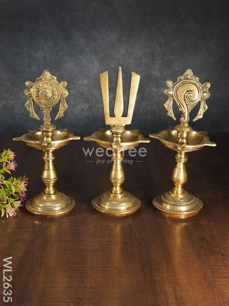 Brass Shanku Chakra Naama Five Face Diya - Set Of 3 Wl2635