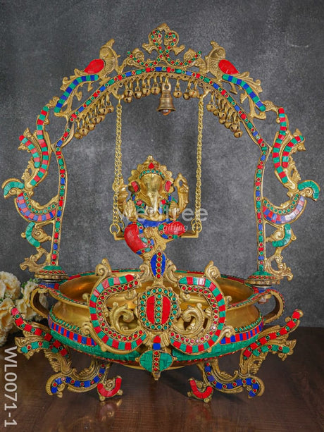 Brass Swing Ganesha Urli With Peacock Design (Green & Red Stones) - Wl0071-1