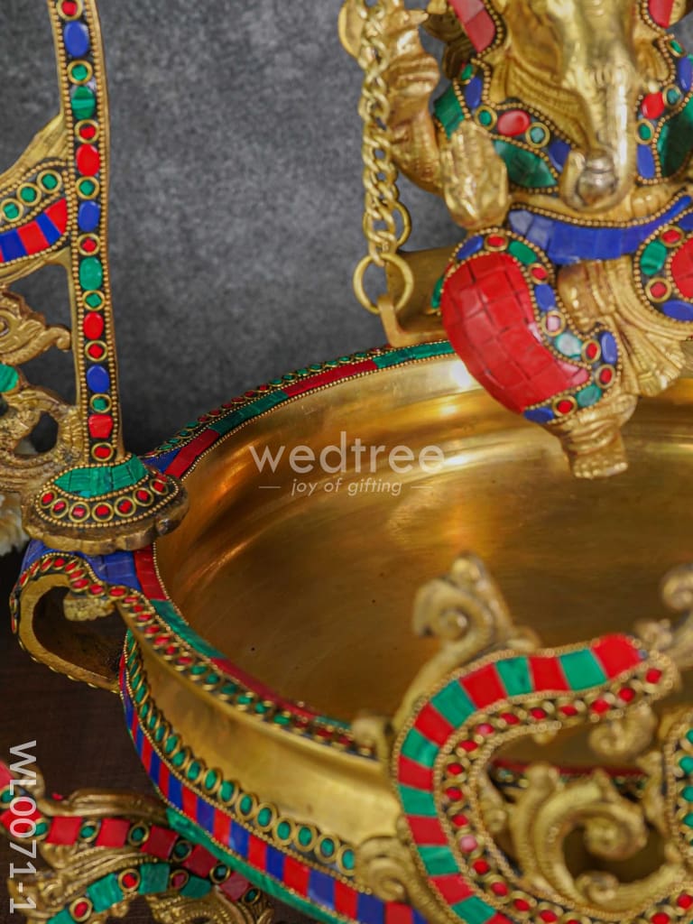 Brass Swing Ganesha Urli With Peacock Design (Green & Red Stones) - Wl0071-1