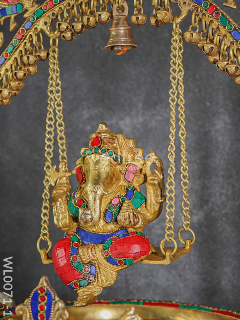 Brass Swing Ganesha Urli With Peacock Design (Green & Red Stones) - Wl0071-1