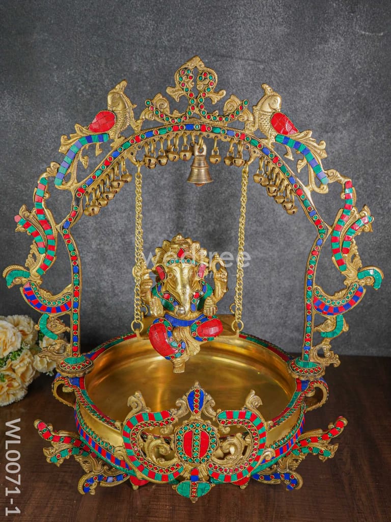 Brass Swing Ganesha Urli With Peacock Design (Green & Red Stones) - Wl0071-1