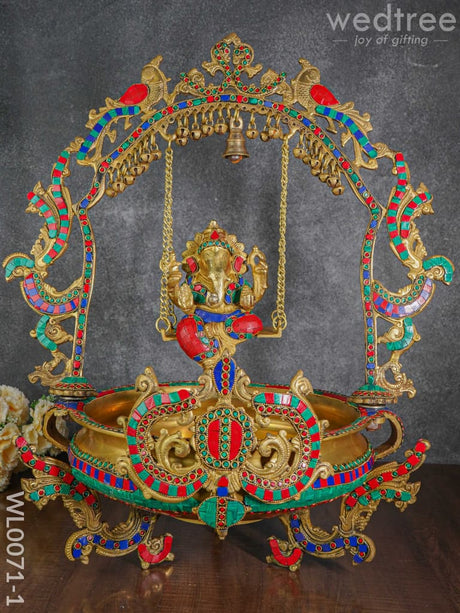 Brass Swing Ganesha Urli With Peacock Design (Green & Red Stones) - Wl0071-1