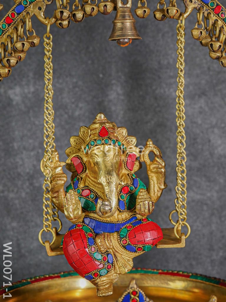 Brass Swing Ganesha Urli With Peacock Design (Green & Red Stones) - Wl0071-1