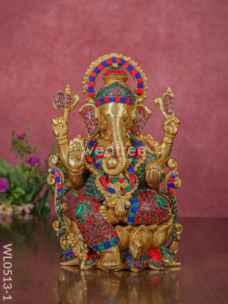 Brass Valampuri Ganesh Idol - Wl0513 Multicolour Stone Work Figurines