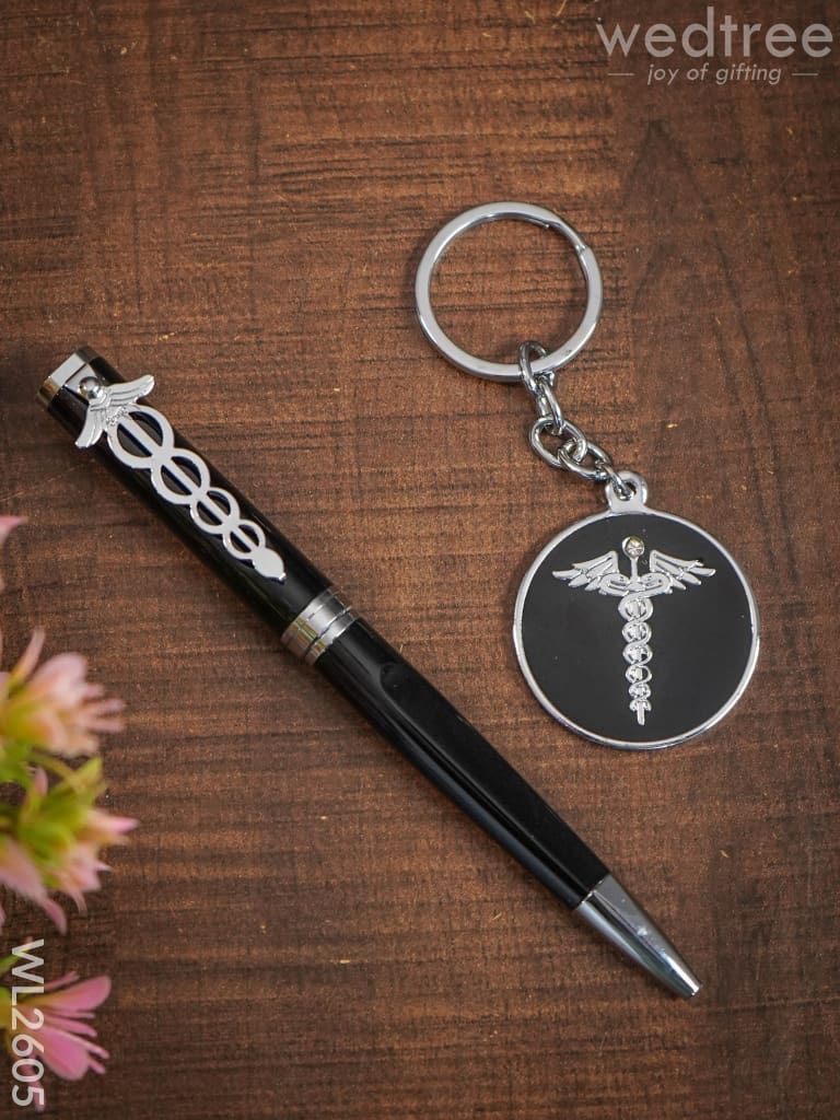 Caduceus Engraved Metal Rollerball Pen & Keychain - Wl2605 Corporate Gifts
