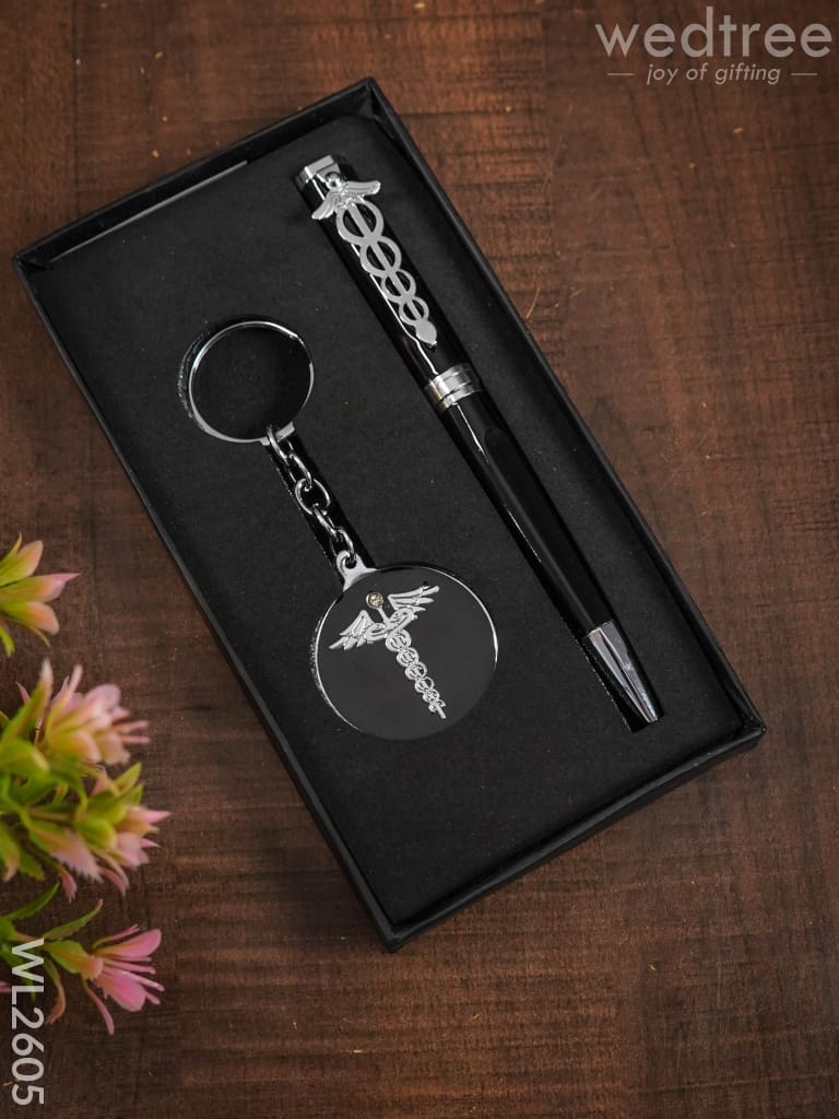 Caduceus Engraved Metal Rollerball Pen & Keychain - Wl2605 Corporate Gifts