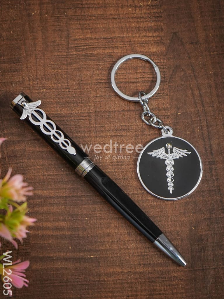 Caduceus Engraved Metal Rollerball Pen & Keychain - Wl2605 Corporate Gifts