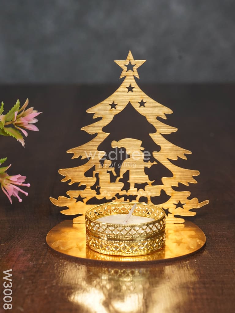 Christmas Tree With Santa Claus Shadow Diya - Mdf- W3008 Candles