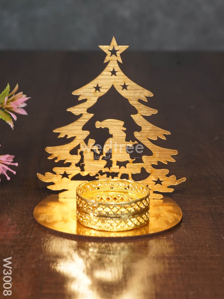 Christmas Tree With Santa Claus Shadow Diya - Mdf- W3008 Candles