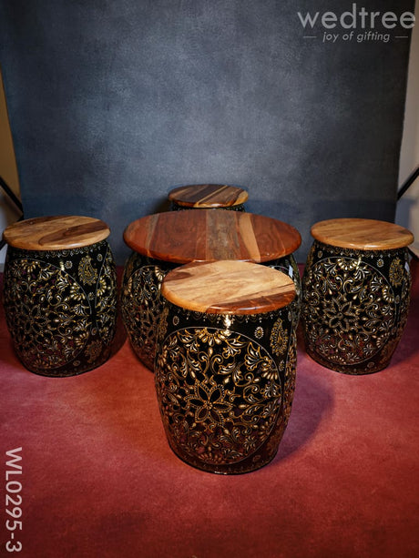 Coffee Centre Table With 4 Side Stools (Hand Painted Jhaali Cutting) - Wl0295 Combined Set Wooden