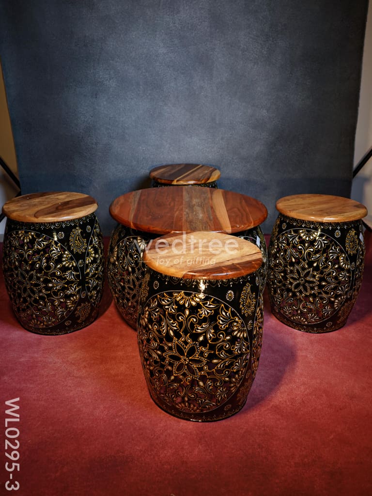 Coffee Centre Table With 4 Side Stools (Hand Painted Jhaali Cutting) - Wl0295 Combined Set Wooden