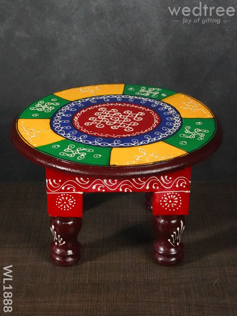 Colourful Rangoli Pooja Stool - 10 Inches Round Wl1888 Wooden Stools