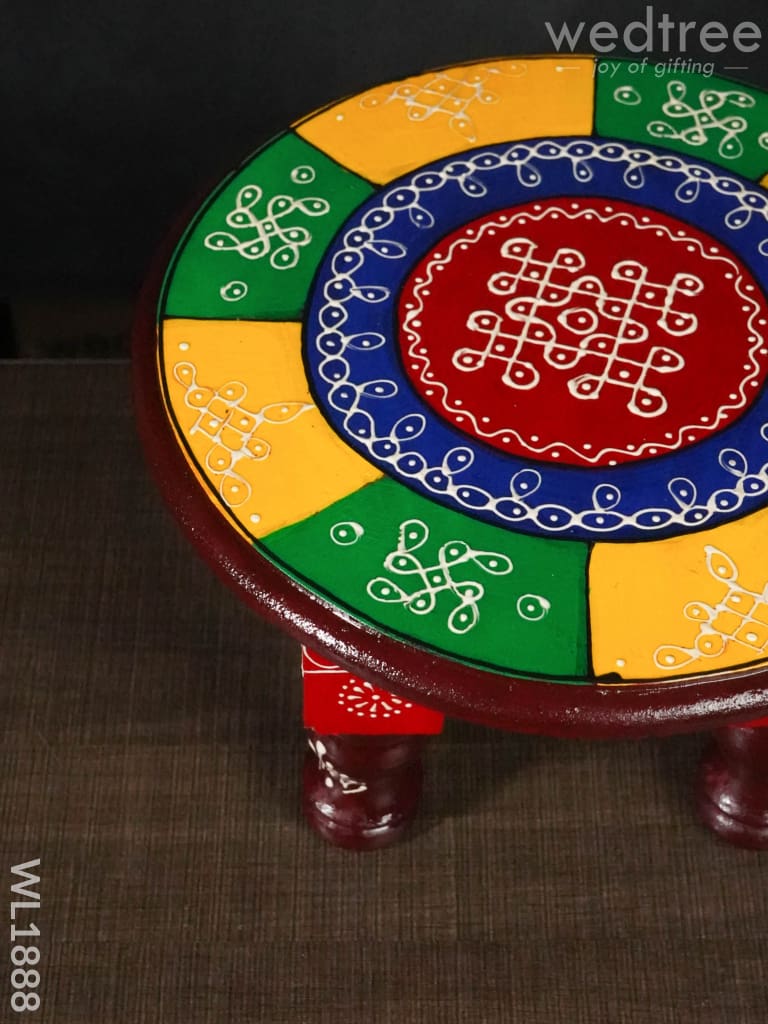 Colourful Rangoli Pooja Stool - 10 Inches Round Wl1888 Wooden Stools