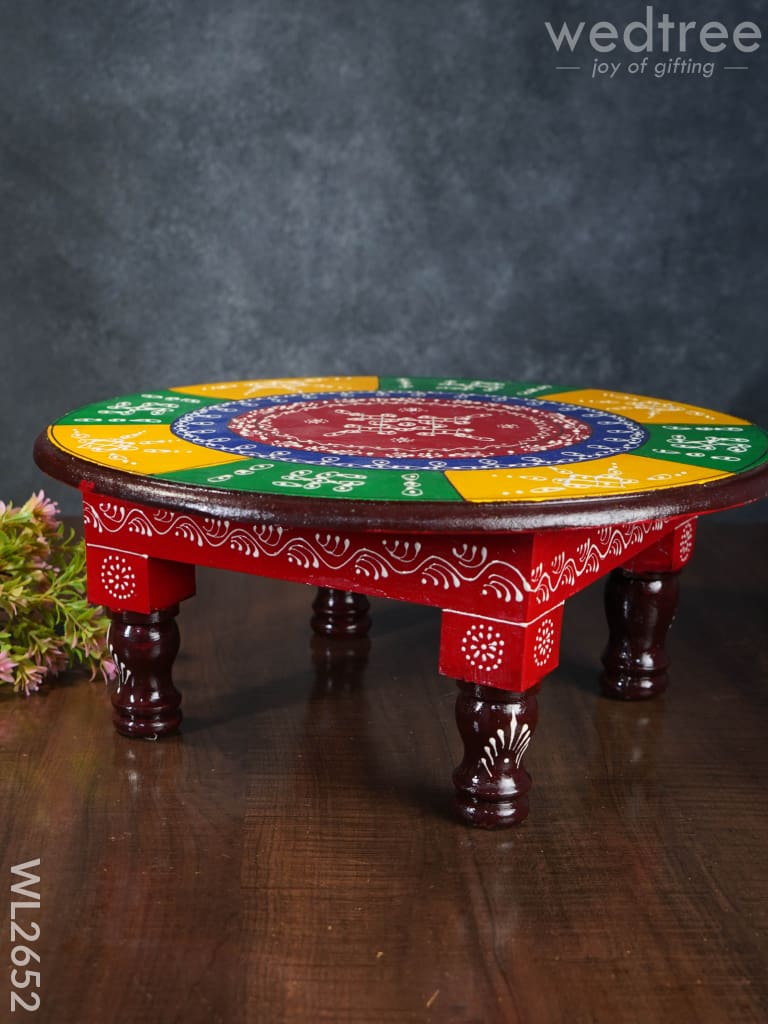 Colourful Rangoli Pooja Stool - 15 Inches Round Wl2652 Wooden Stools