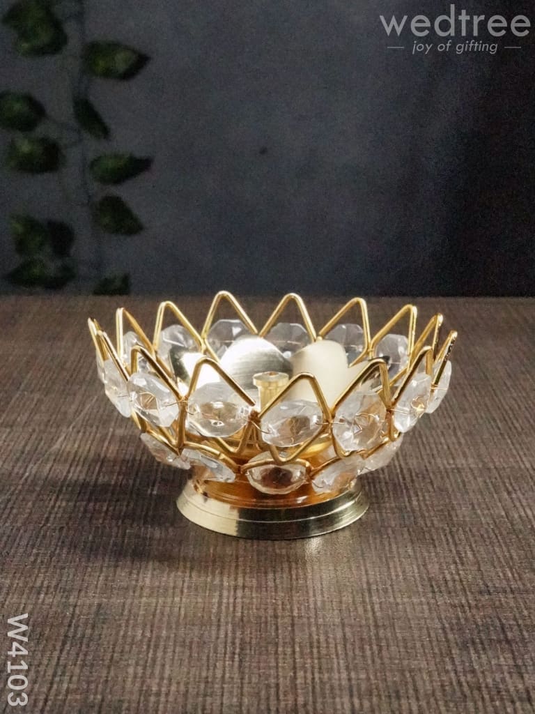 Decorative Bowl Shaped Crystal And Brass Flower Diya 2.2 Inch - W4103 Diyas