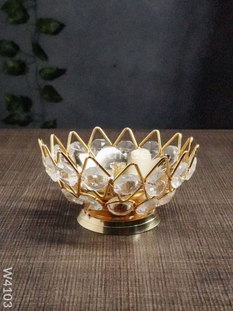 Decorative Bowl Shaped Crystal And Brass Flower Diya 2.2 Inch - W4103 Diyas