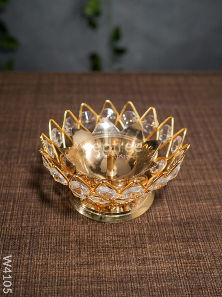 Decorative Bowl Shaped Crystal And Brass Flower Diya - W4105 Gifts