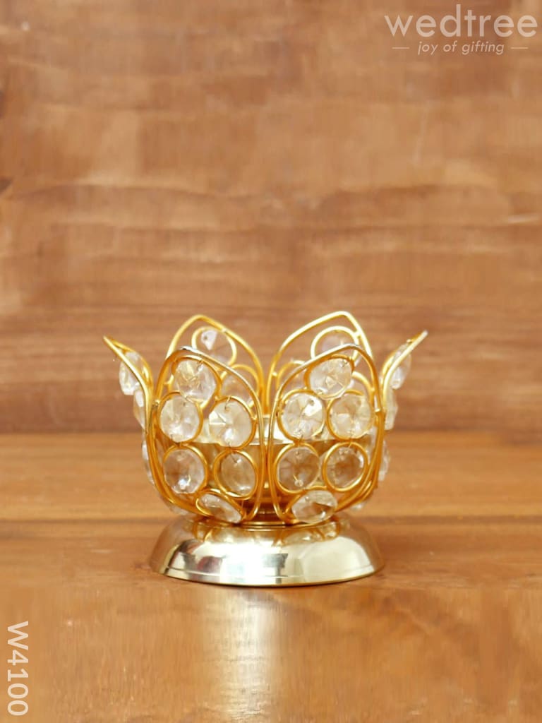 Decorative Lotus Shaped Crystal And Brass Diya 2.5 Inch - W4100