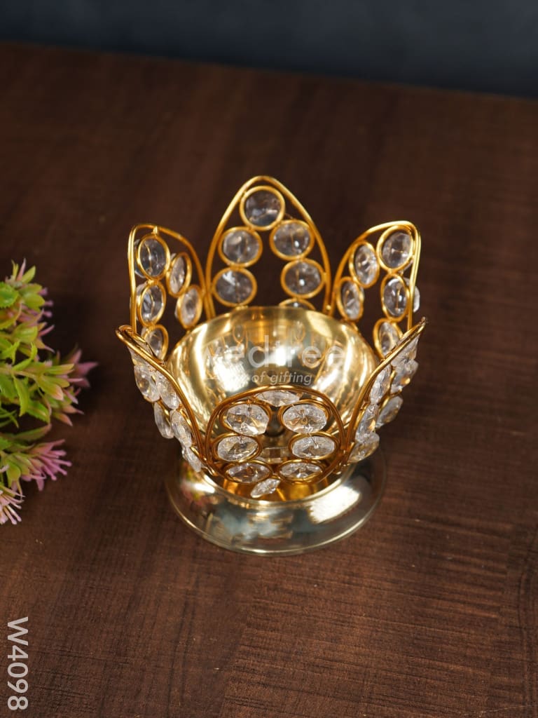 Decorative Lotus Shaped Crystal And Brass Diya 3 Inch - W4098 Gifts