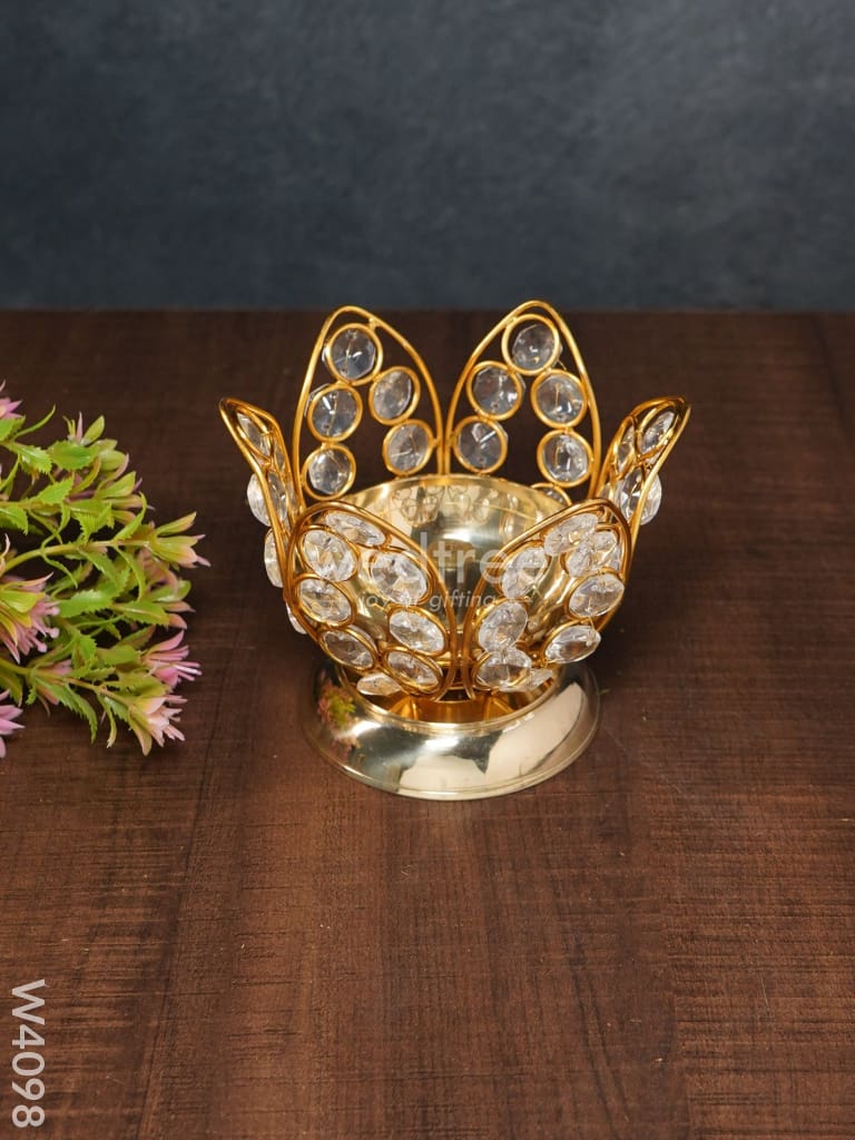 Decorative Lotus Shaped Crystal And Brass Diya 3 Inch - W4098 Gifts