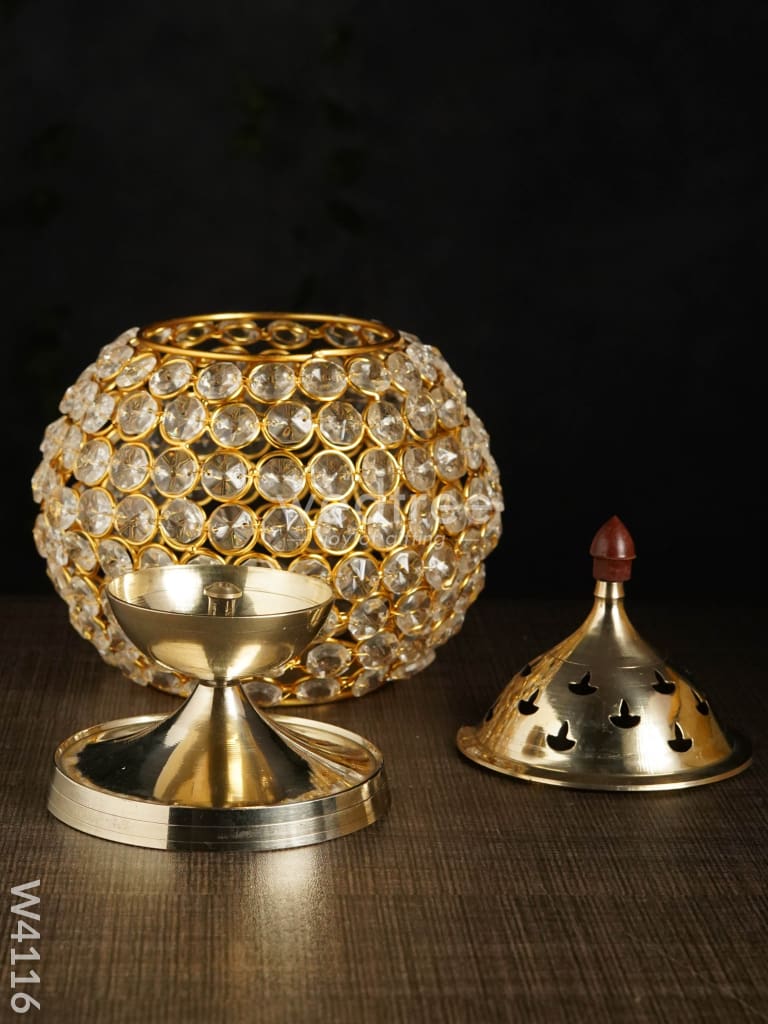 Decorative Matki Shaped Crystal And Brass Diya 2.8 Inch - W4116 Gifts