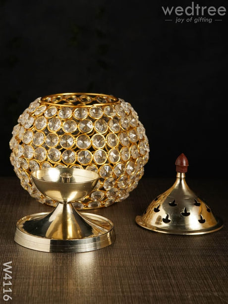 Decorative Matki Shaped Crystal And Brass Diya 2.8 Inch - W4116 Gifts