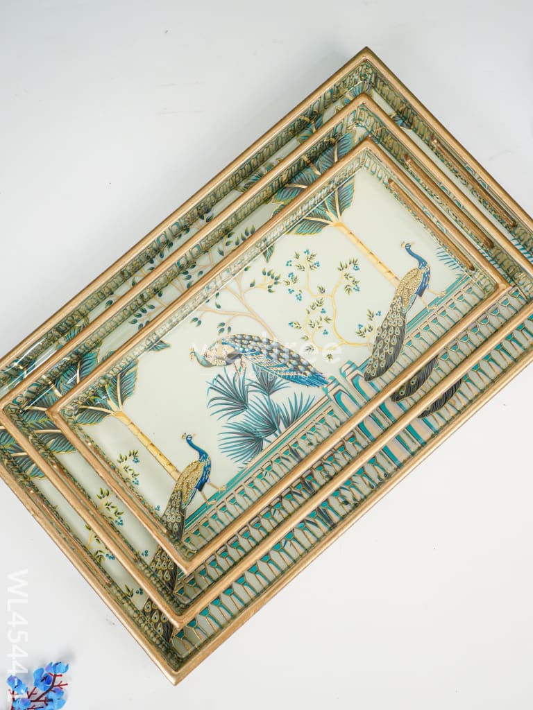 Digital Printed Peacock Tray - Set Of 3 Wl4544 Wooden Trays