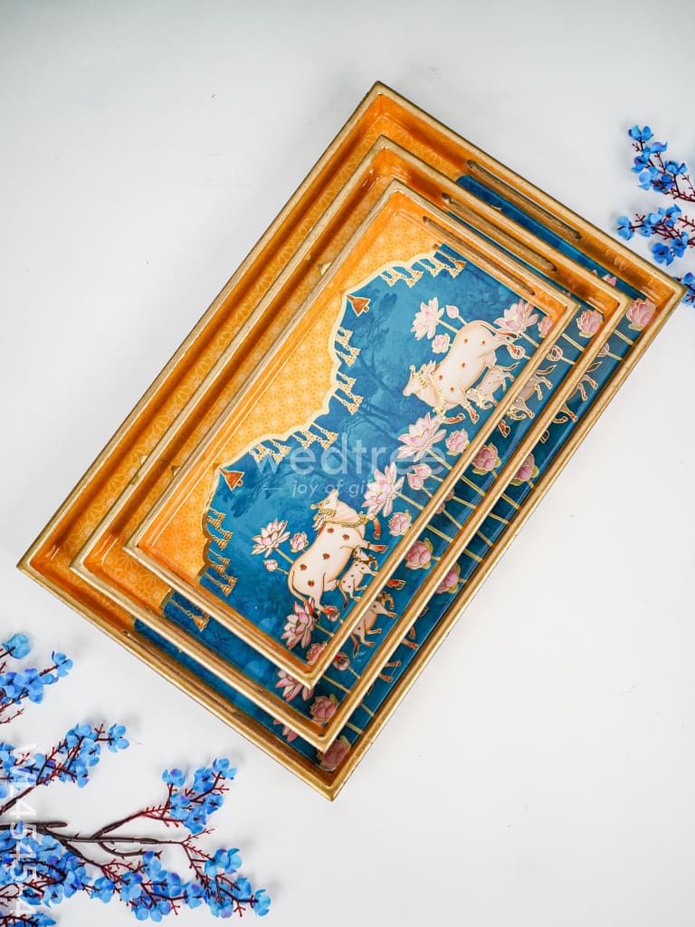 Digital Printed Pichwai Tray - Set Of 3 Wl4545 Wooden Trays