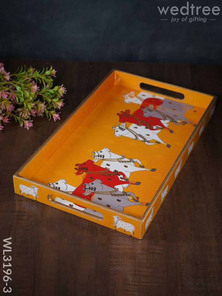 Digital Printed Pichwai Trays (Yellow) - Wl3196 Big Wooden