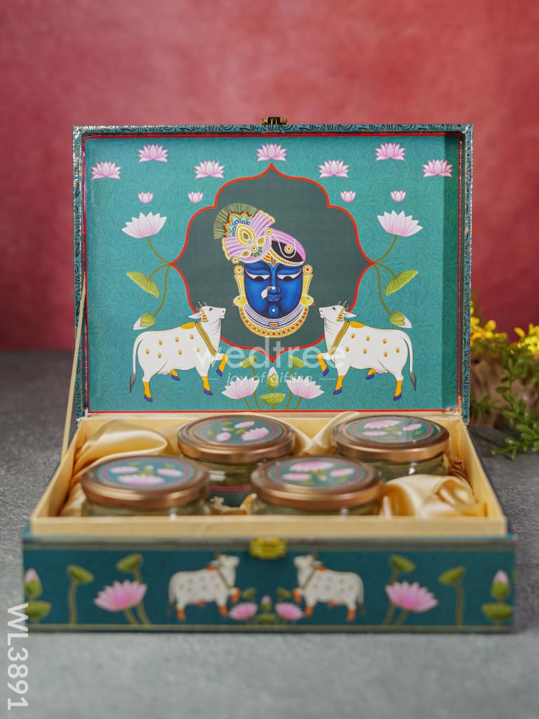 Shreenath Ji Dry Fruit Box & 4 Jars With Printed Bag - Wl3891