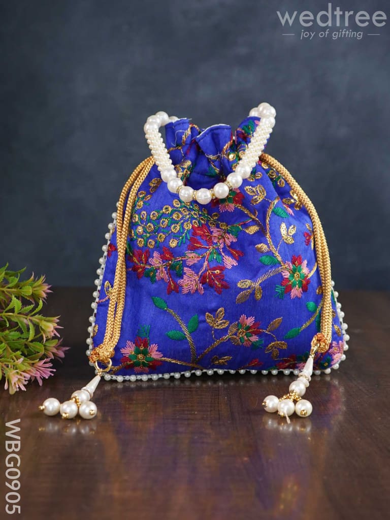 Embroidered Potli Bag With Pearl Beaded Handle And Drawstring - Wbg0905 Bags