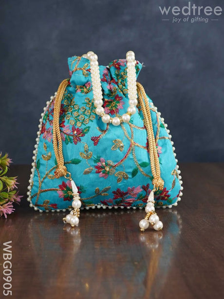Embroidered Potli Bag With Pearl Beaded Handle And Drawstring - Wbg0905 Bags