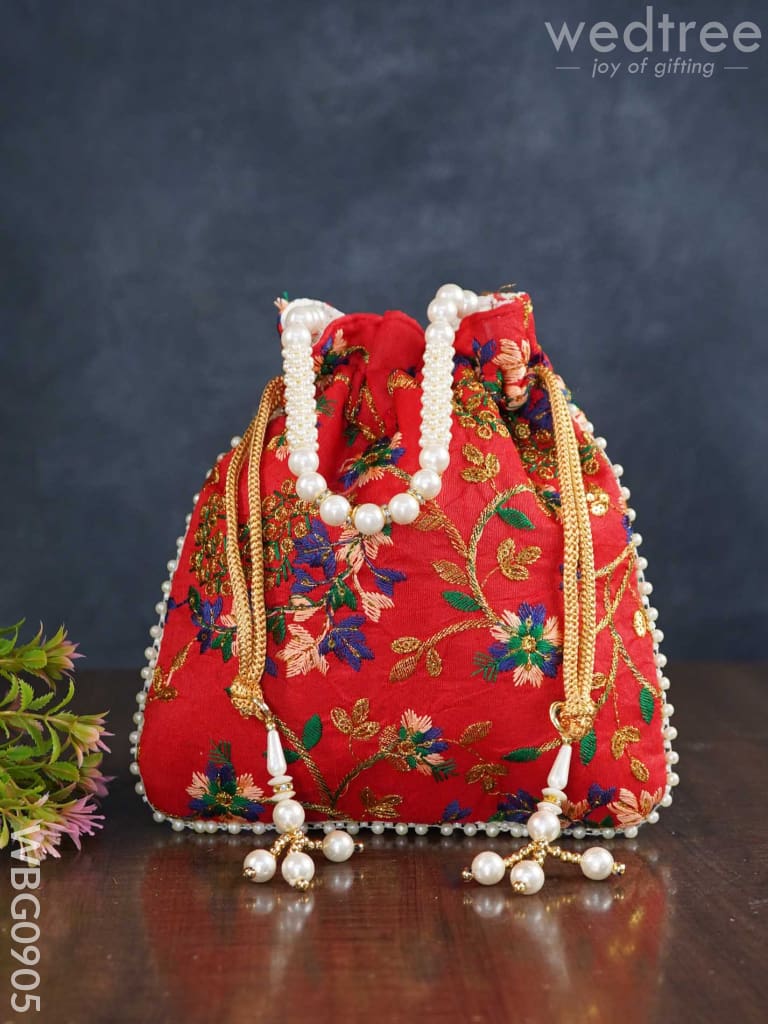 Embroidered Potli Bag With Pearl Beaded Handle And Drawstring - Wbg0905 Bags