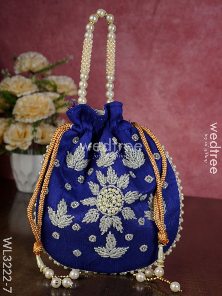 Embroidered Potli Bags With Beaded Handle - Wl3222 Dark Blue