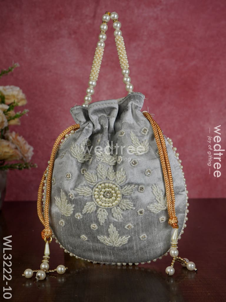 Embroidered Potli Bags With Beaded Handle - Wl3222 Gray