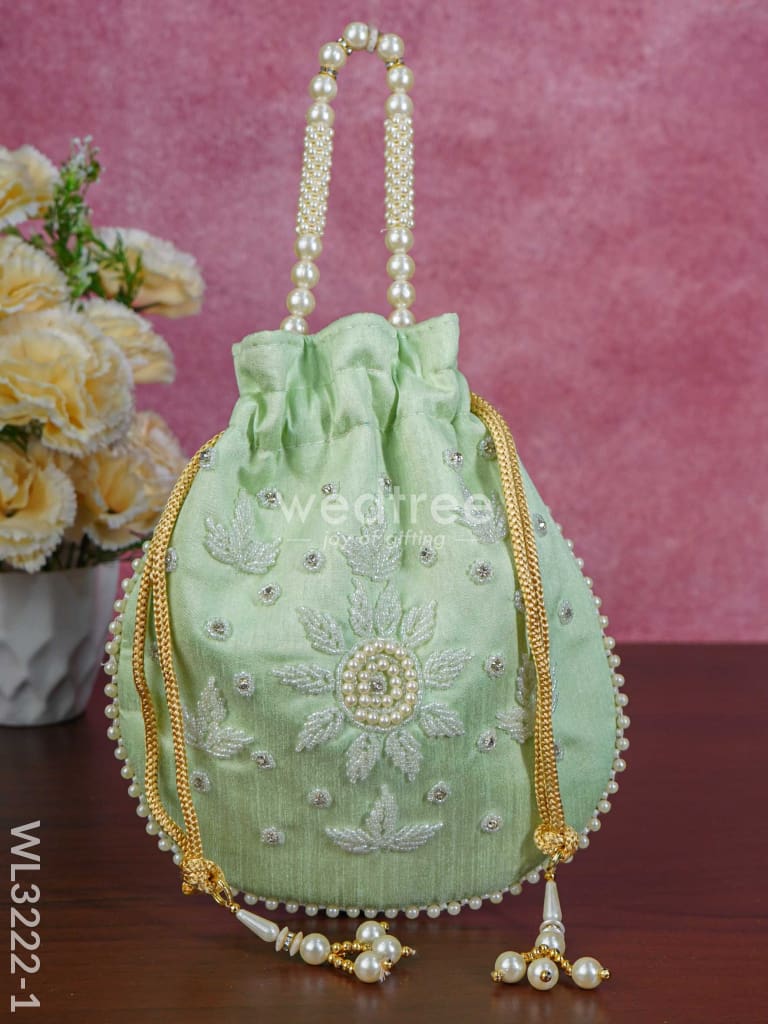 Embroidered Potli Bags With Beaded Handle - Wl3222 Light Green