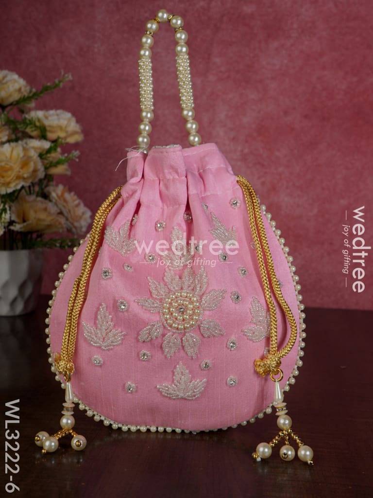 Embroidered Potli Bags With Beaded Handle - Wl3222 Light Pink