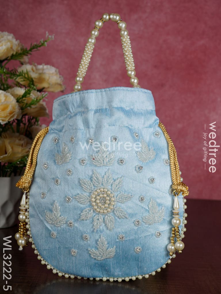 Embroidered Potli Bags With Beaded Handle - Wl3222 Sky Blue