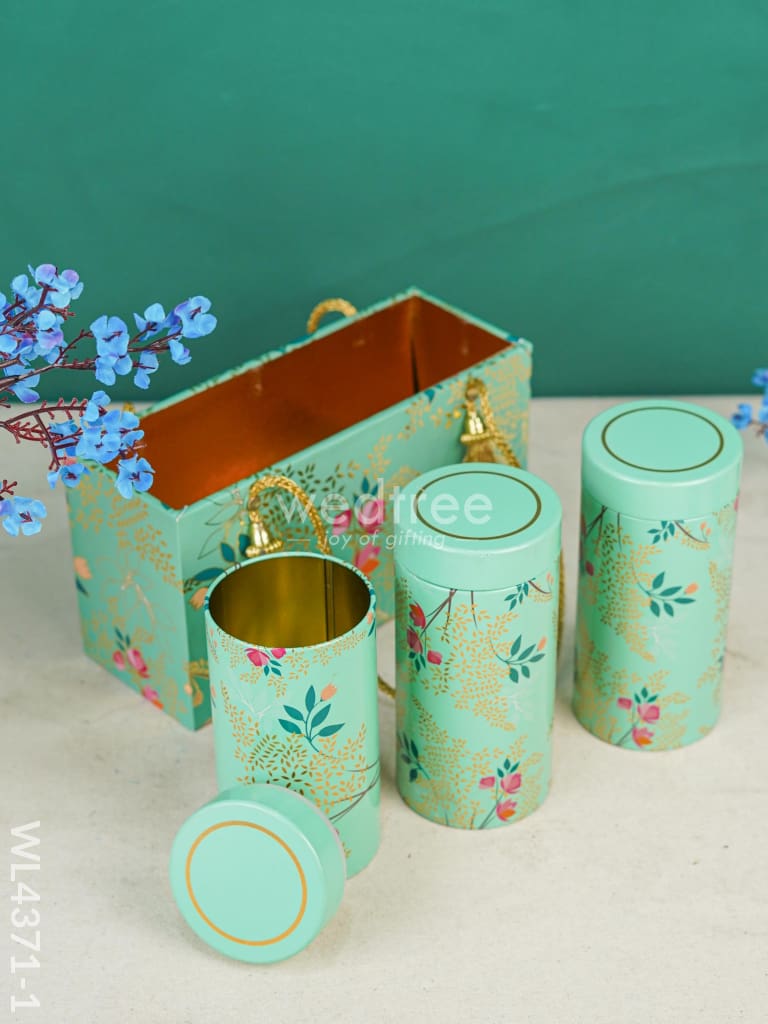 Floral Printed Tin Box With Handle - Set Of 3 Wl4371 Wooden Trays