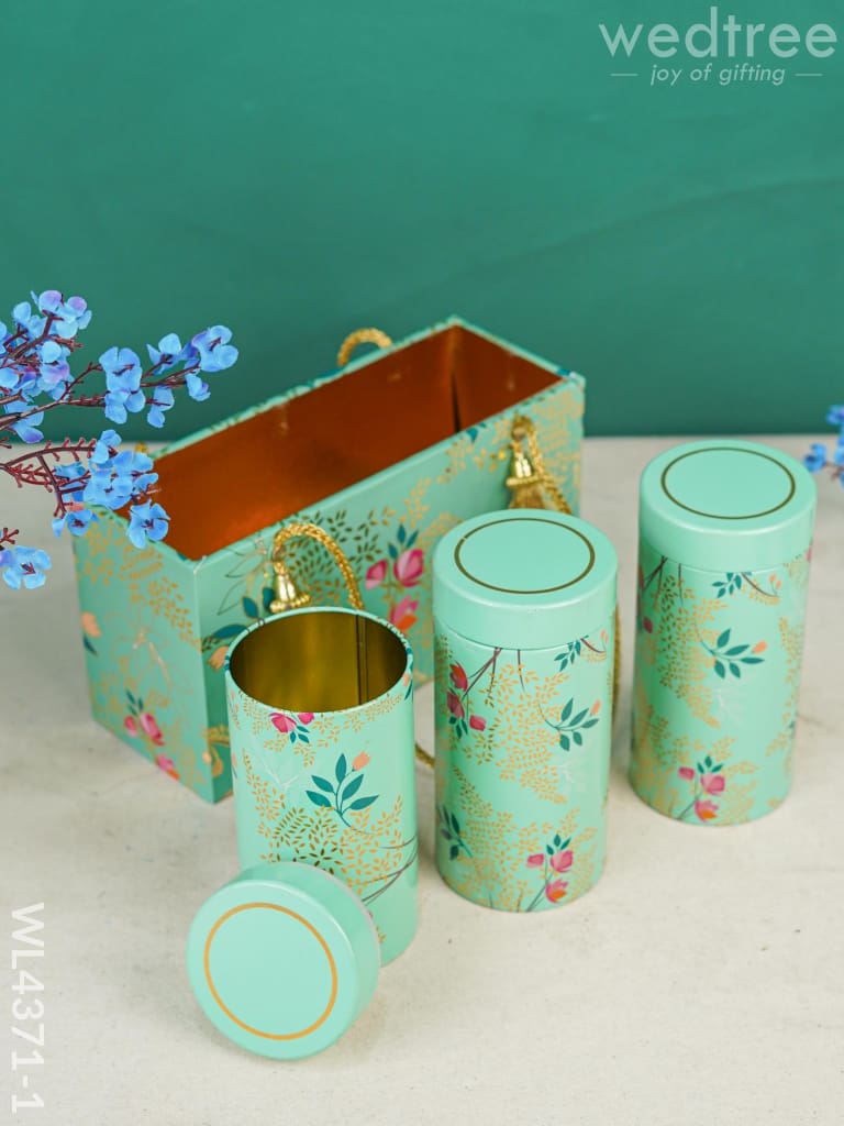 Floral Printed Tin Box With Handle - Set Of 3 Wl4371 Wooden Trays