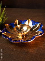 Flower Shaped Brass Diya With Floral Base - Wl1555 Blue